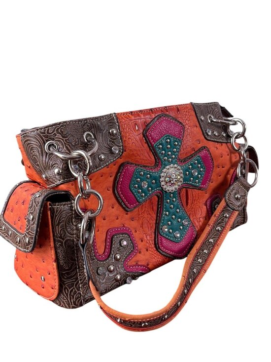 Blazin Roxx Handbags - Vintage Blazin Roxx Cowgirl Purse Orange Pink Turquoise Rhinestone Cross